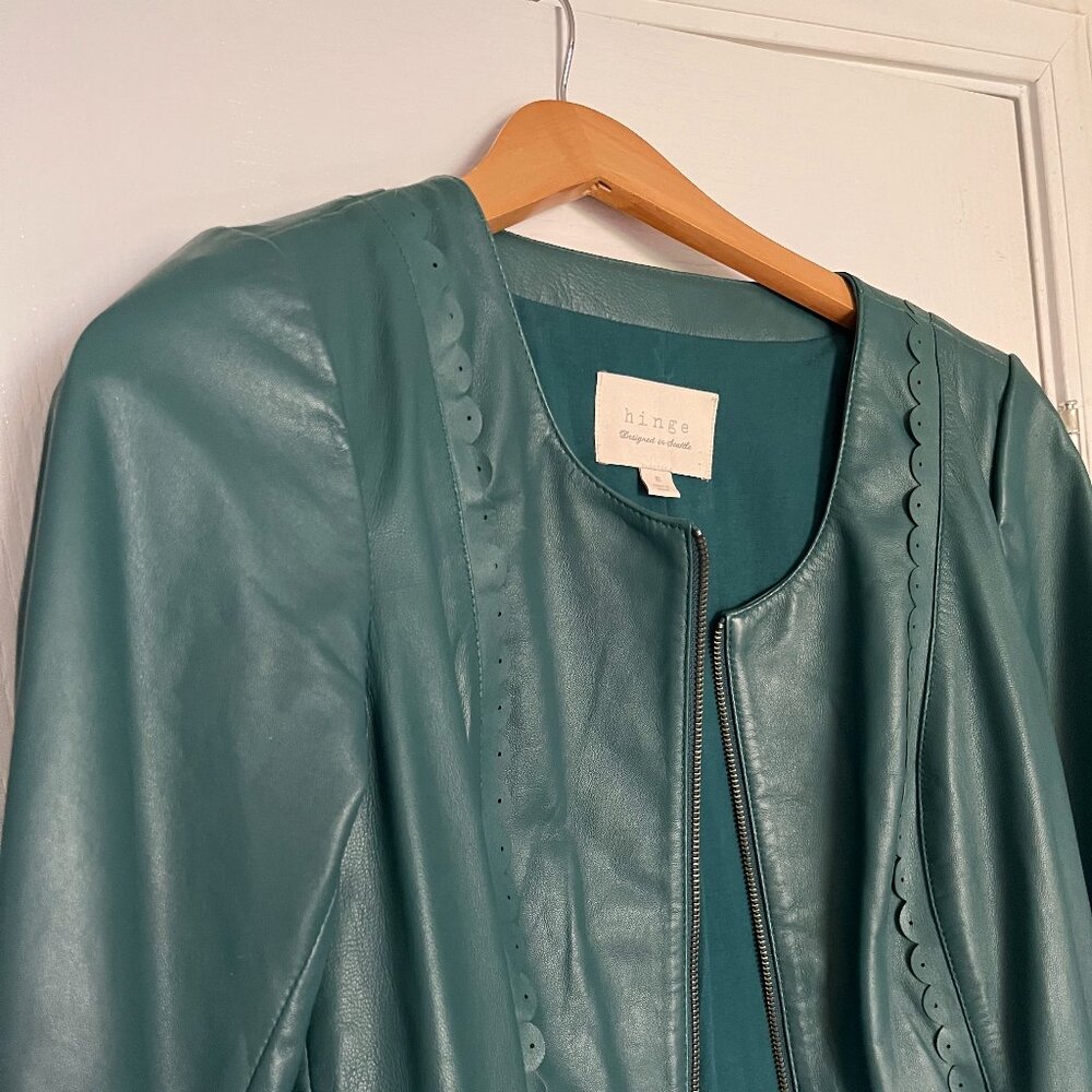 Teal Leather Jacket with Scallop Detail.